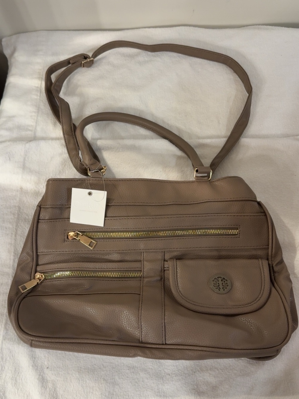 Taupe Pebbled Satchel with Gold Zipper Accents